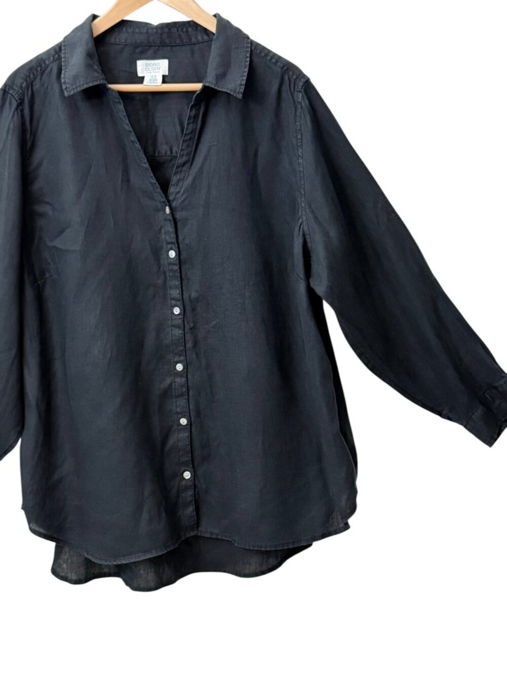 Sigrid Olsen 100% Linen Open Notch V-Neck Button Roll Tab Sleeve Top Black 2X
